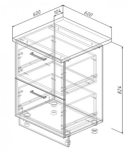 Модуль нижний 2 ящика "Лофт" Арт. МН2Я 60 (без столешницы) - схема